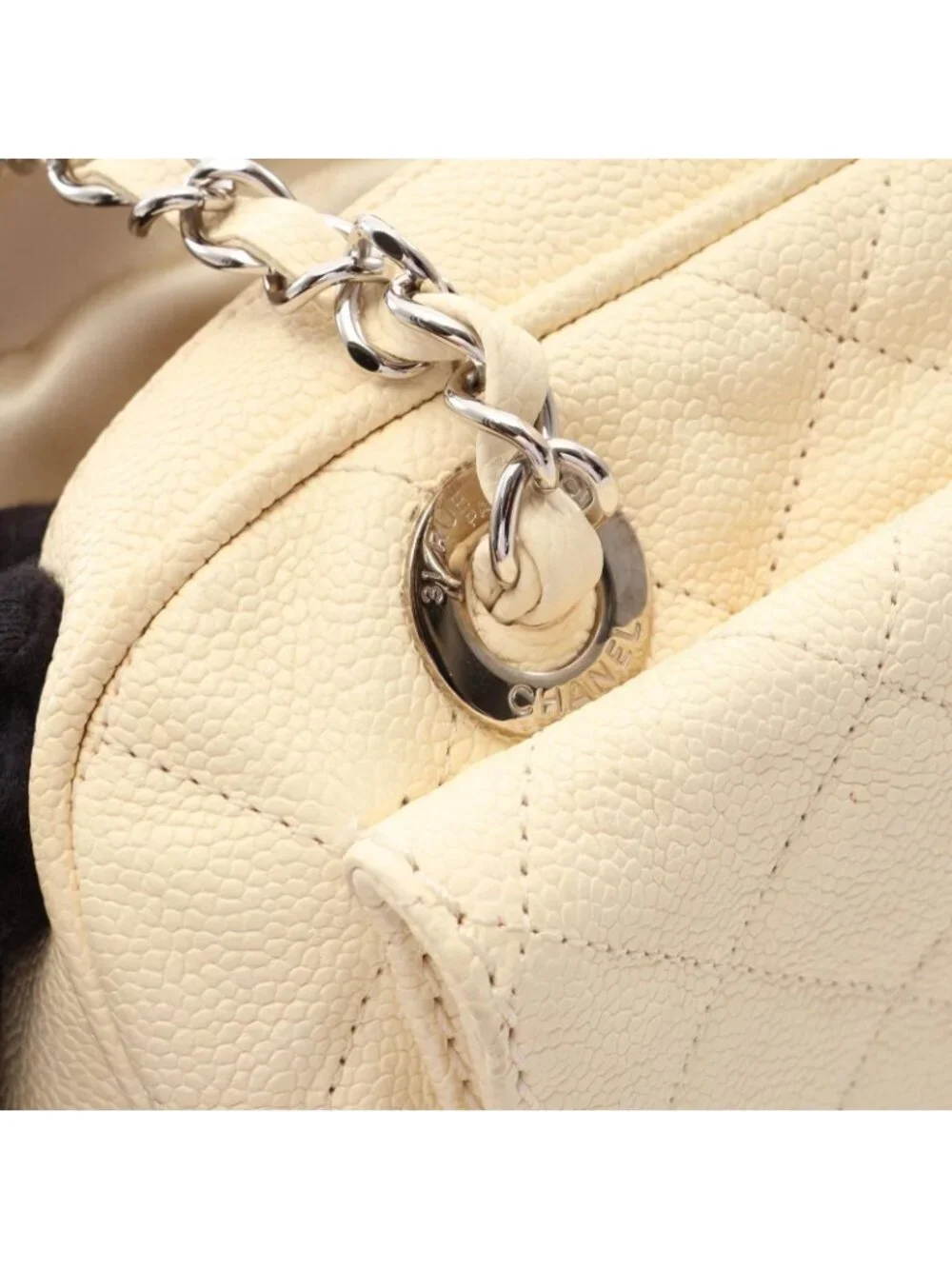 Chanel Shoulder Bag Quilted Cream Caviar Leather Chain